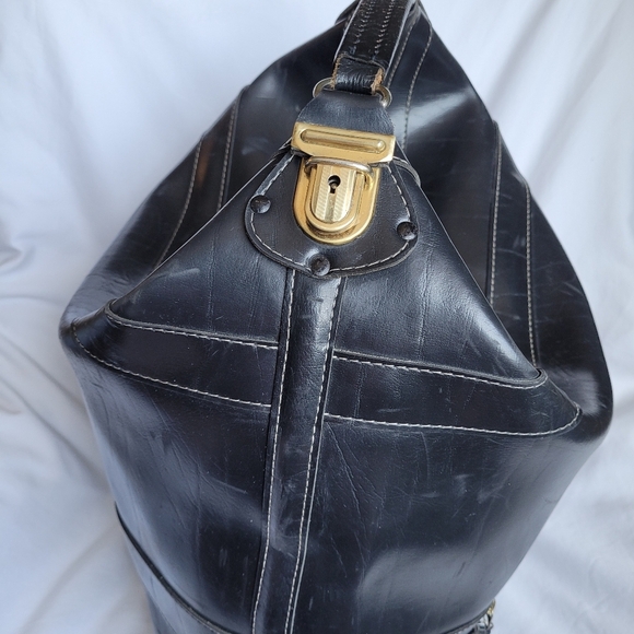 Quality Lg Black Leather Top Load Carry All Travel Bag Vtg Aero Zippers OOAK - Picture 4 of 16